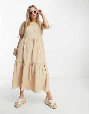 Wednesday's Girl tiered midi smock dress in textured stone