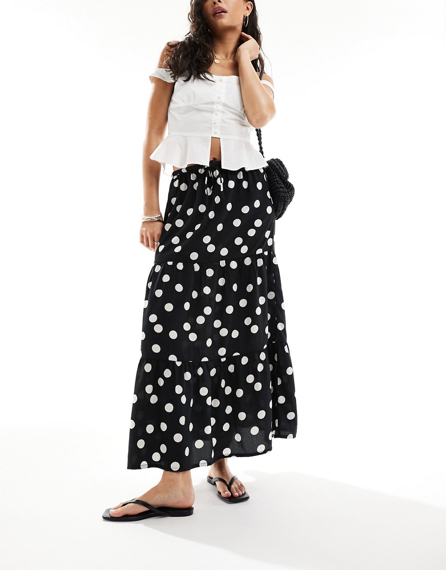 Wednesday’s Girl tiered polka dot midaxi skirt in black and white