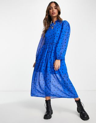 Wednesday's Girl tiered polka dot midi smock dress in blue