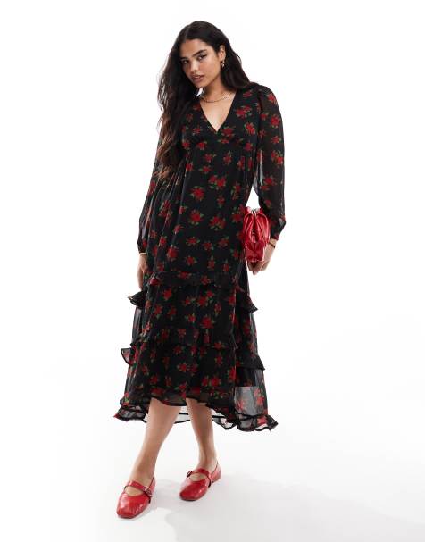 Wednesday's Girl tiered rose print floaty midaxi dress in multi red - view 1