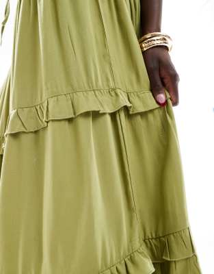 Wednesday's Girl Tiered Ruffle Midaxi Boho Skirt In Green