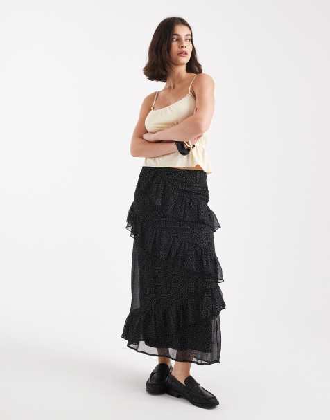 Wednesday's Girl tiered ruffle polka dot midaxi skirt in black - view 1
