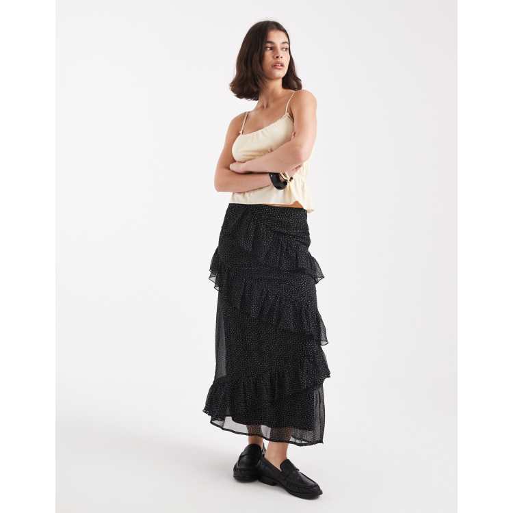 Wednesday's Girl tiered ruffle polka dot midaxi skirt in