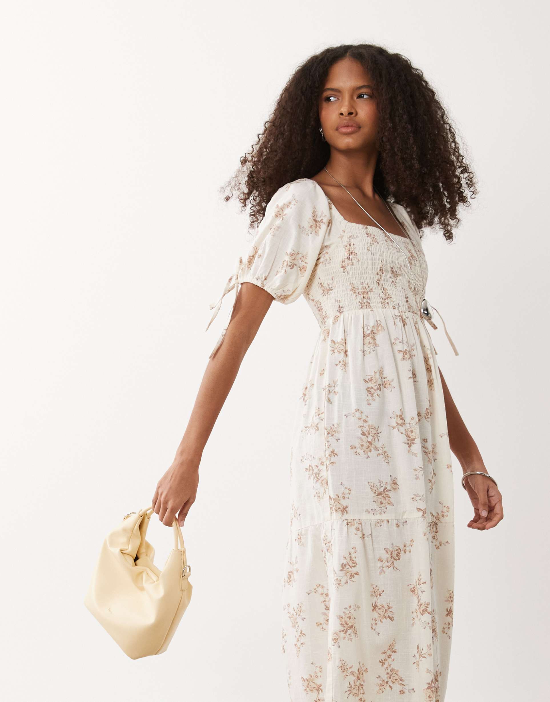 wednesday's girl tiered shirred detail smock midaxi dress in beige floral