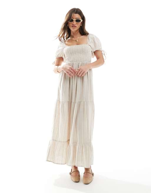 Wednesday's Girl tiered shirred detail smock midaxi dress in beige stripe