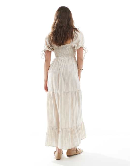 Wednesday's Girl tiered shirred detail smock midaxi dress in beige stripe