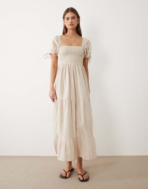 beige midaxi dress Wednesday's Girl - Tiered Shirred Detail Smock - Women - Cotton/Linen - 2XS ILTA - Simone Beaded while the blend of Half_Birthday Band Size:30