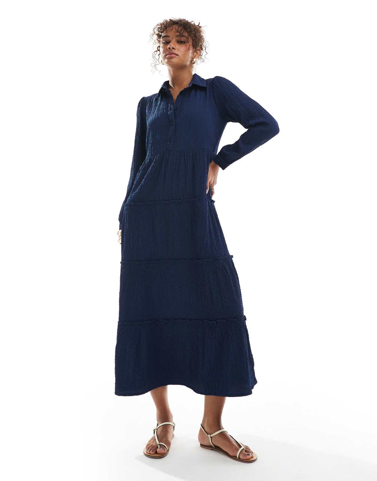 Wednesday's Girl tiered shirt detail midaxi dress in mid blue
