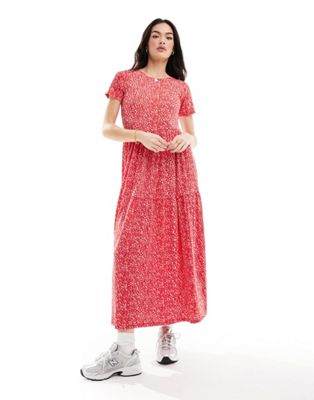 Wednesday's Girl tiered smudge spot midaxi smock dress in red and pink