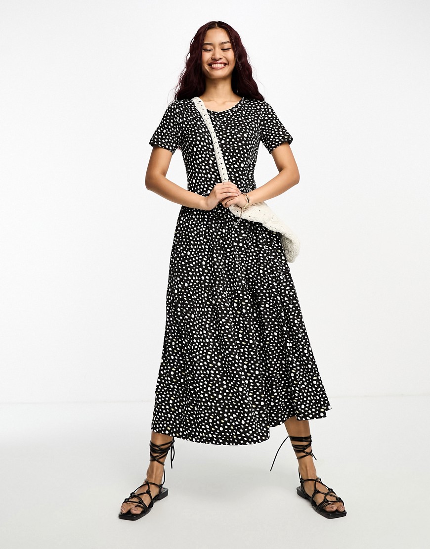 Wednesday’s Girl tiered smudge spot midi dress in black