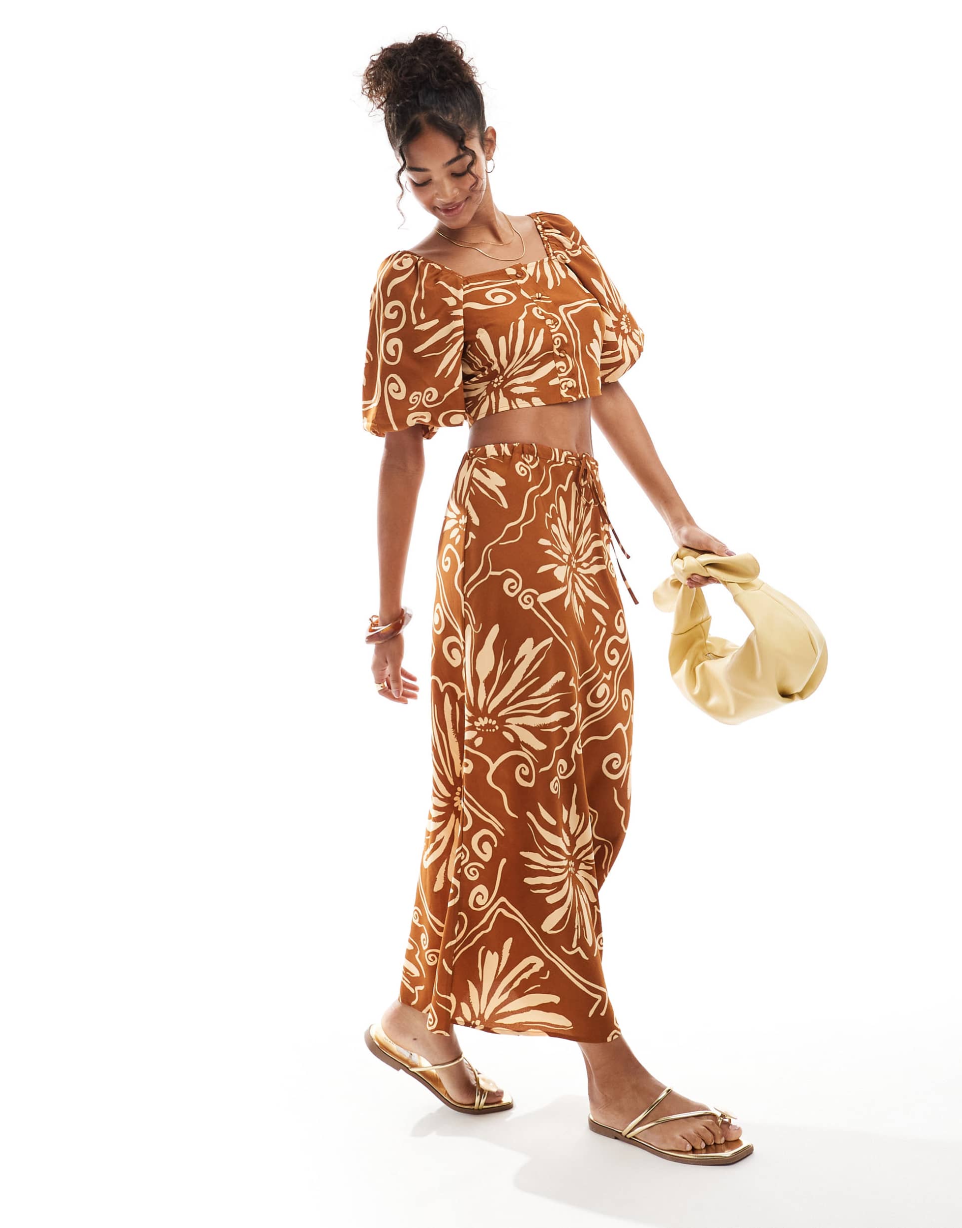 wednesday's girl tile floral midaxi skirt in brown - part of a set