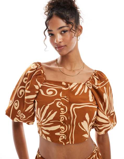 Wednesday's Girl tile floral puff sleeve blouse co-ord in brown