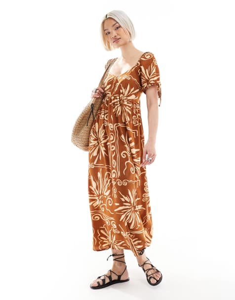 Wednesday's Girl tile floral puff sleeve midaxi dress in brown - view 1