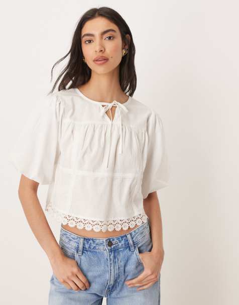 Wednesday's Girl - Top a maniche corte bianco con dettagli in pizzo - view 1