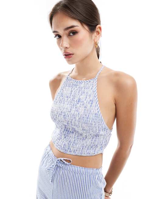 Wednesday's Girl - Top allacciato al collo a punto smock bianco e blu a righe in coordinato