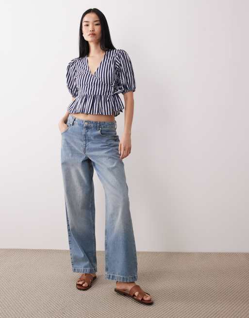 Wednesday's Girl - Top cache-cœur rayé à manches courtes - Bleu, 3 de 4