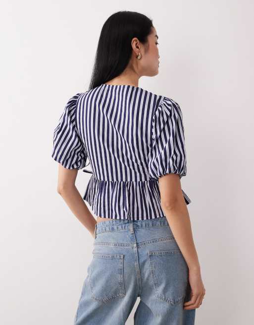 Wednesday's Girl - Top cache-cœur rayé à manches courtes - Bleu, 4 de 4