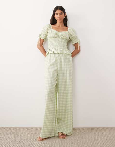 Wednesday's Girl - Top con scollo alla Bardot arricciato verde a quadretti con maniche a palloncino in coordinato - view 1