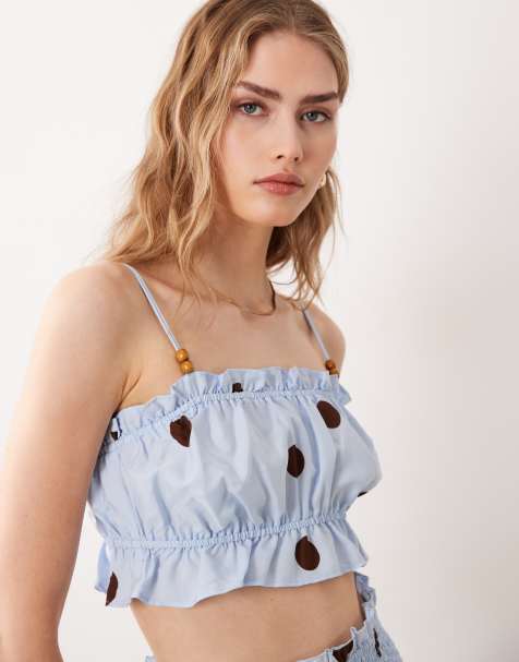Wednesdays Girl - Top grembiule corto blu a pois in coordinato - view 1