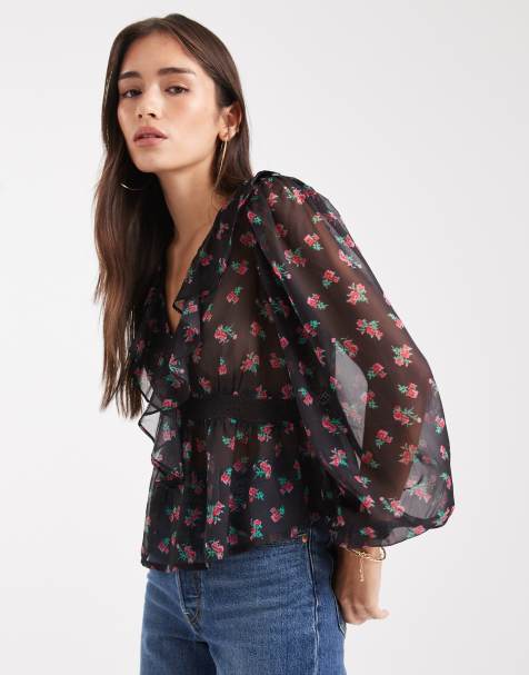 Wednesday's Girl - Top manches longues à fleurs avec col en V volanté et manches longues fluides - Noir - view 1