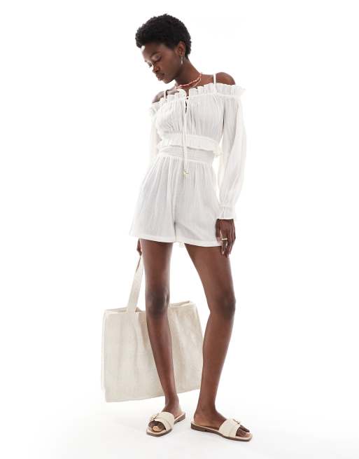 Wednesday's Girl - Tuta corta da mare in lino color avorio a punto smock