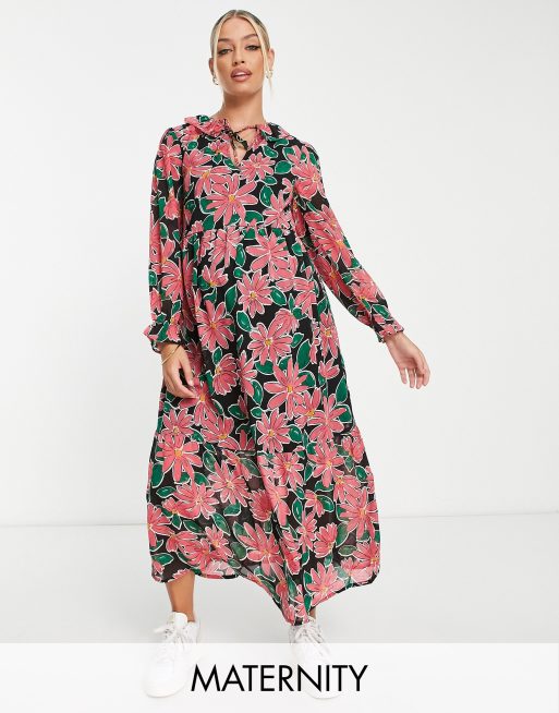 Wednesday's Girl Umstandsmode – Midi-Hängerkleid mit gerafftem Ausschnitt und leuchtendem Blumenmuster
