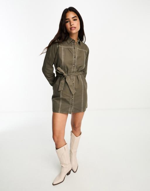 Wednesday's Girl - Utility jurk met knoopsluiting en riem in kaki grijs