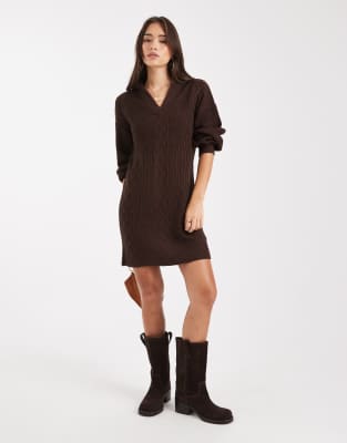 Wednesday's Girl Wednesday's Girl v-neck collar jumper dress in dark brown-Grey