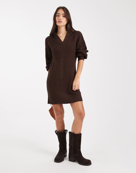 Wednesday's Girl v-neck collar jumper dress in dark brown