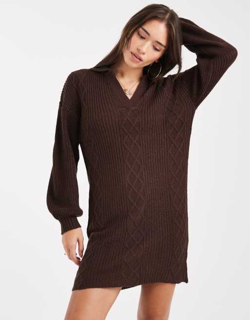 Wednesday's Girl v-neck collar jumper dress in dark brown | ASOS