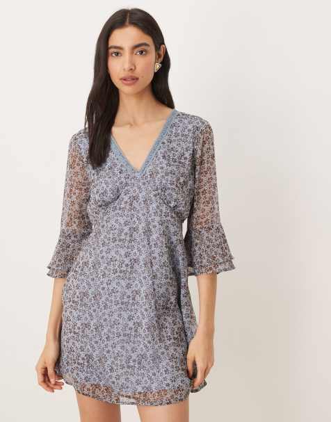 Wednesday's Girl v neck floaty sleeve mini dress in blue purple delicate floral - view 1
