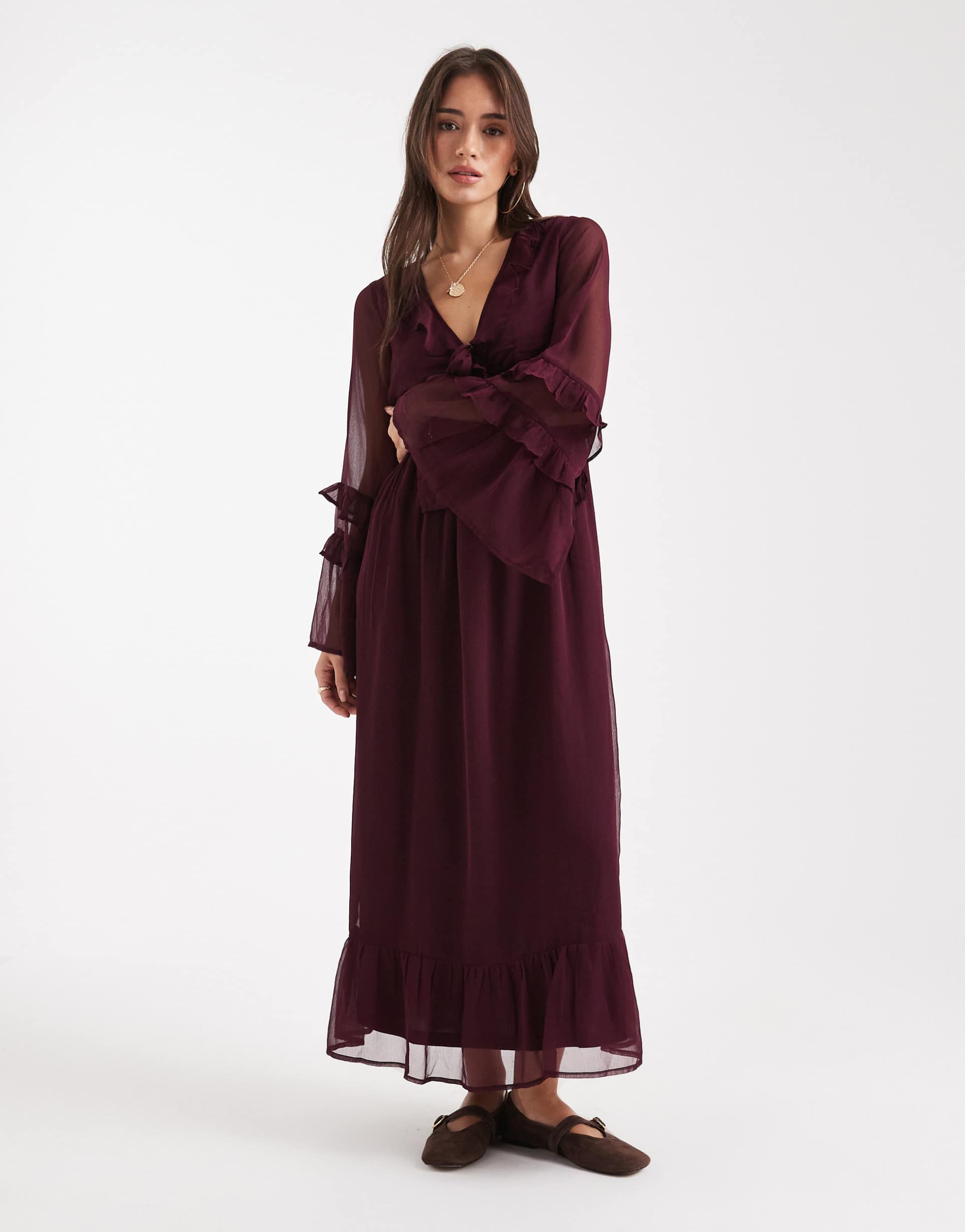 wednesday's girl v-neck long sleeve floaty midaxi dress in burgundy