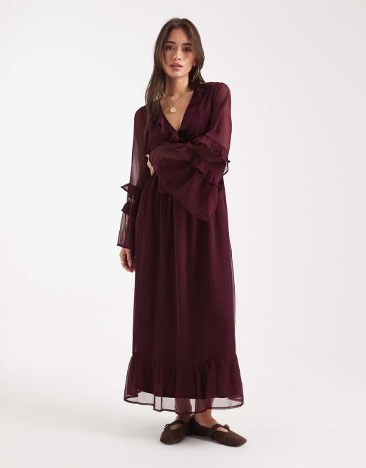 Wednesday's Girl v neck long sleeve floaty midaxi dress in fig