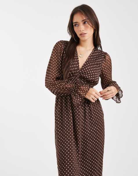 Wednesday's Girl v neck midaxi polka dot dress in brown - view 1