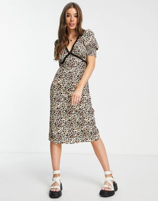 Wednesday's Girl v-neck midi tea dress in leopard with lace trim
