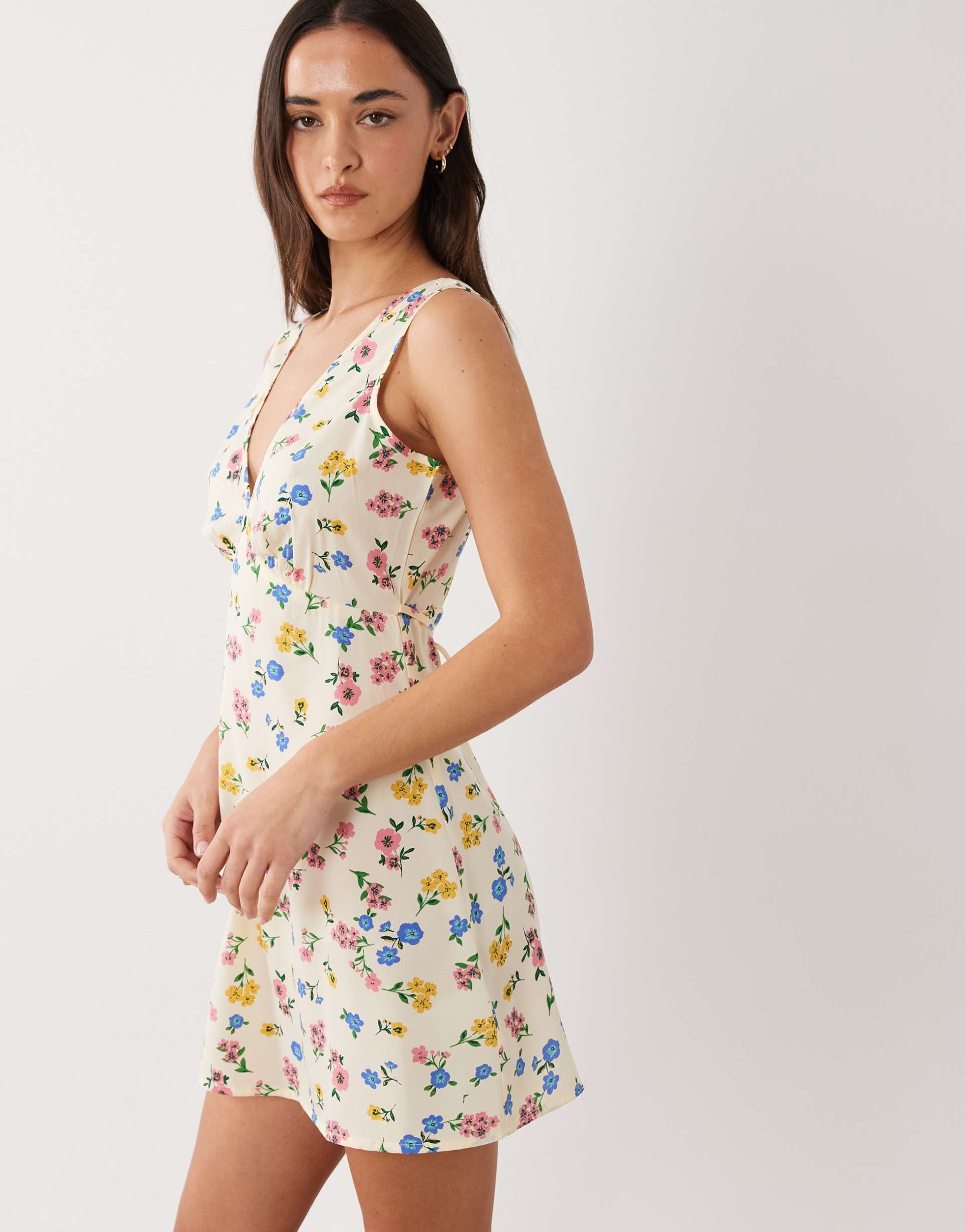 wednesday's girl v neck mini dress in yellow multi floral