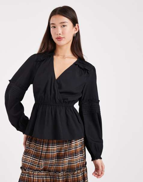 Wednesday's Girl v neck peplum textured long sleeve top in black - view 1