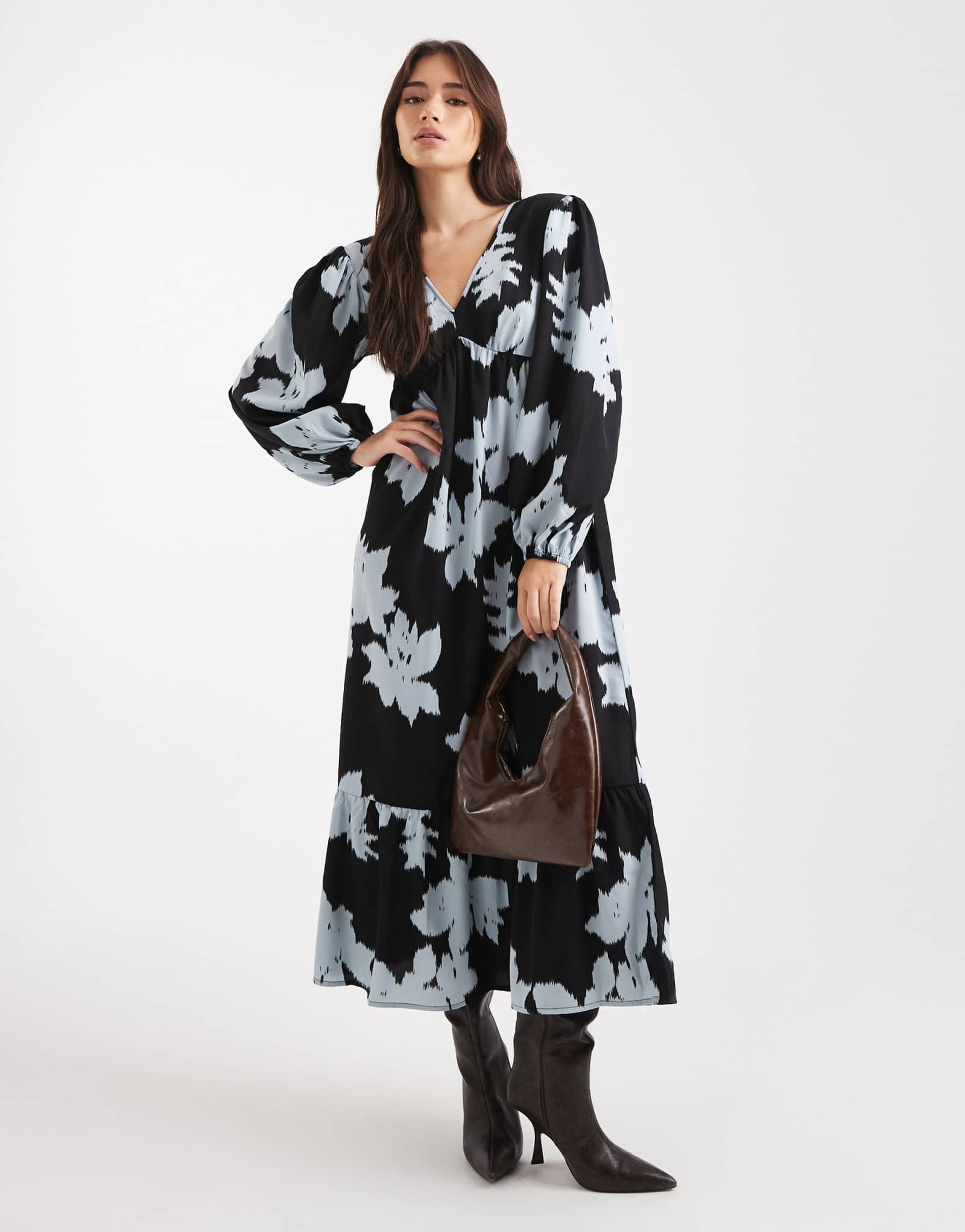 Платье мидакси с V-образным вырезом и пышными рукавами для девочек от Wednesday's Girl синего цвета в цветочек