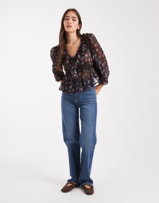 Wednesday's Girl V-neck Ruffle Detail Floaty Long Sleeve Top In Brown