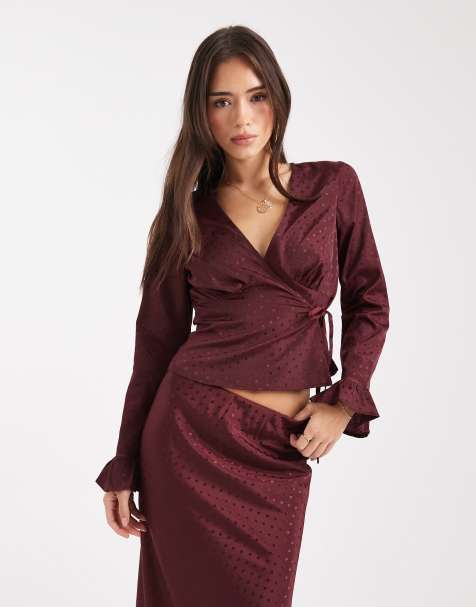 Wednesday's Girl v neck wrap around long sleeve floaty top in burgundy - view 1