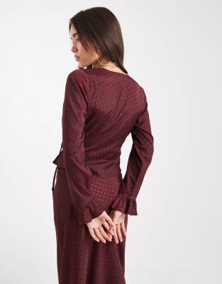 Wednesday's Girl V Neck Wrap Around Long Sleeve Floaty Top In Brown