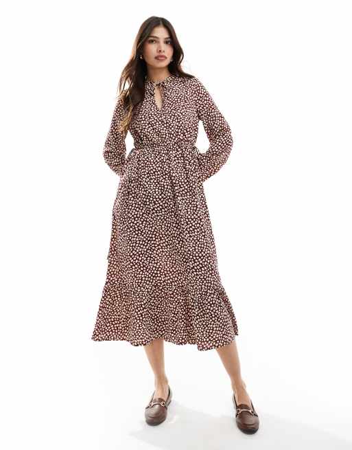 Wednesday's Girl - Vestito camicia al polpaccio bordeaux con stampa a pois
