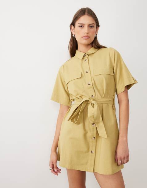 Wednesday's Girl - Vestito camicia corto kaki caldo con bottoni - view 1