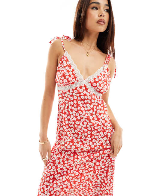Wednesday's Girl - Vestito con spalline sottili e gonna al polpaccio rosso con inserto in pizzo e stampa con fiorellini