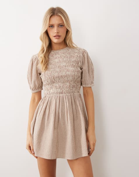 Wednesday's Girl - Vestito corto arricciato a maniche corte marrone gessato - view 1