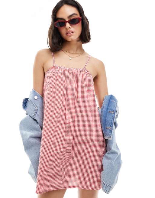 Wednesday's Girl - Vestito corto svasato rosso a quadretti con spalline sottili