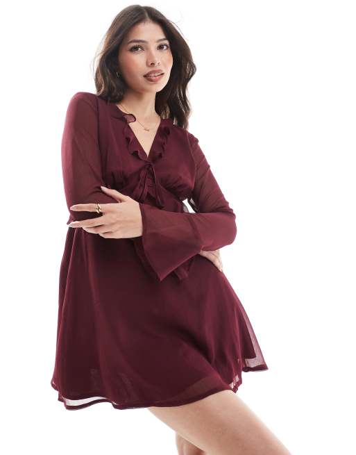 Wednesday's Girl - Vestito corto svolazzante bordeaux intenso con volant