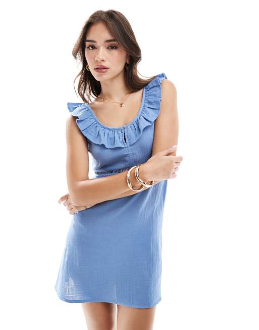 Wednesday's Girl - Vestito estivo corto blu denim con volant