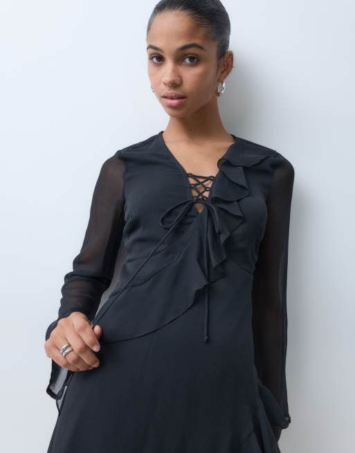 Wednesday's Girl vestito grembiule con volant nero, 2 di 5