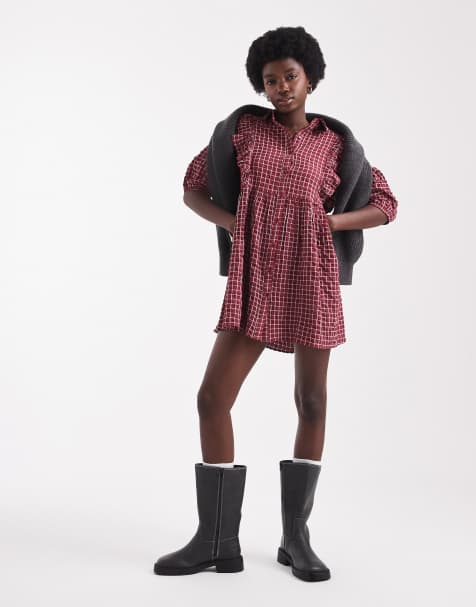 Wednesday's Girl - Vestito grembiule corto con volant rosso scuro a quadri - view 1